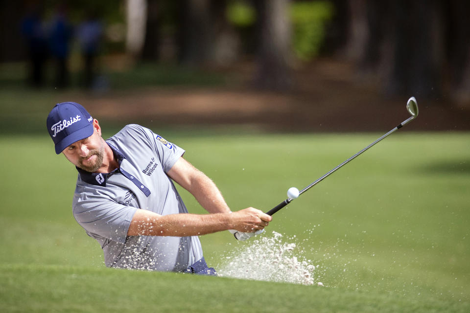 Webb Simpson hits out of the bunker to the second green during the third round of the RBC Heritage golf tournament in Hilton Head Island, S.C., Saturday, April 17, 2021. (AP Photo/Stephen B. Morton)