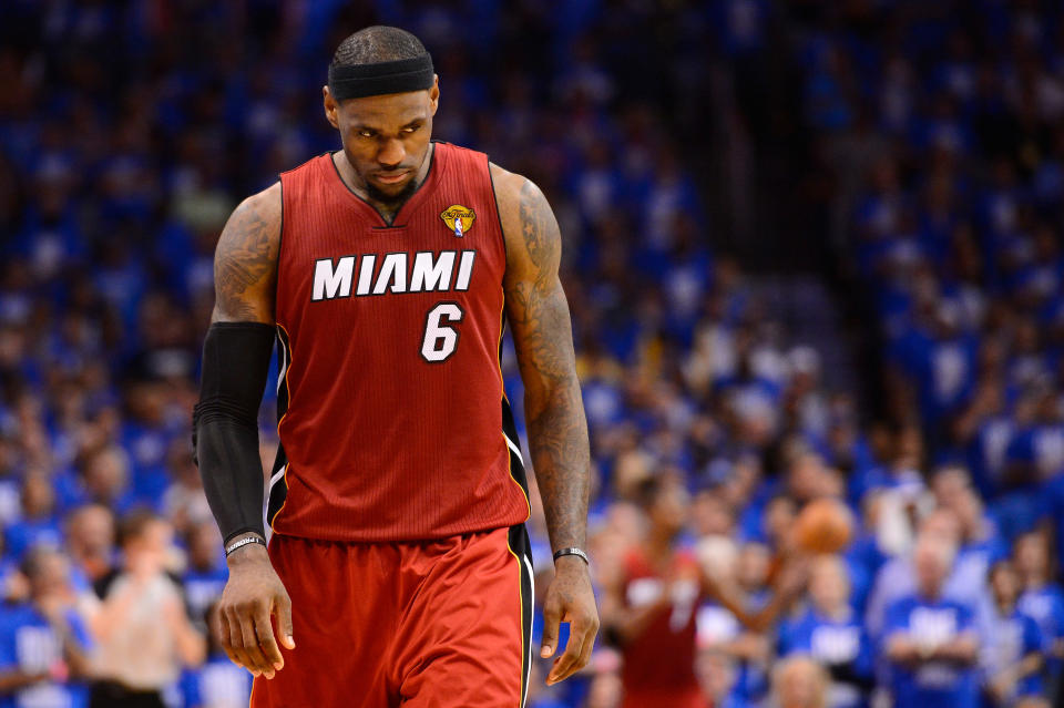 OKLAHOMA CITY, OK - JUNE 12: LeBron James #6 of the Miami Heat looks down in the second half while taking on the Oklahoma City Thunder in Game One of the 2012 NBA Finals at Chesapeake Energy Arena on June 12, 2012 in Oklahoma City, Oklahoma. NOTE TO USER: User expressly acknowledges and agrees that, by downloading and or using this photograph, User is consenting to the terms and conditions of the Getty Images License Agreement. (Photo by Ronald Martinez/Getty Images)