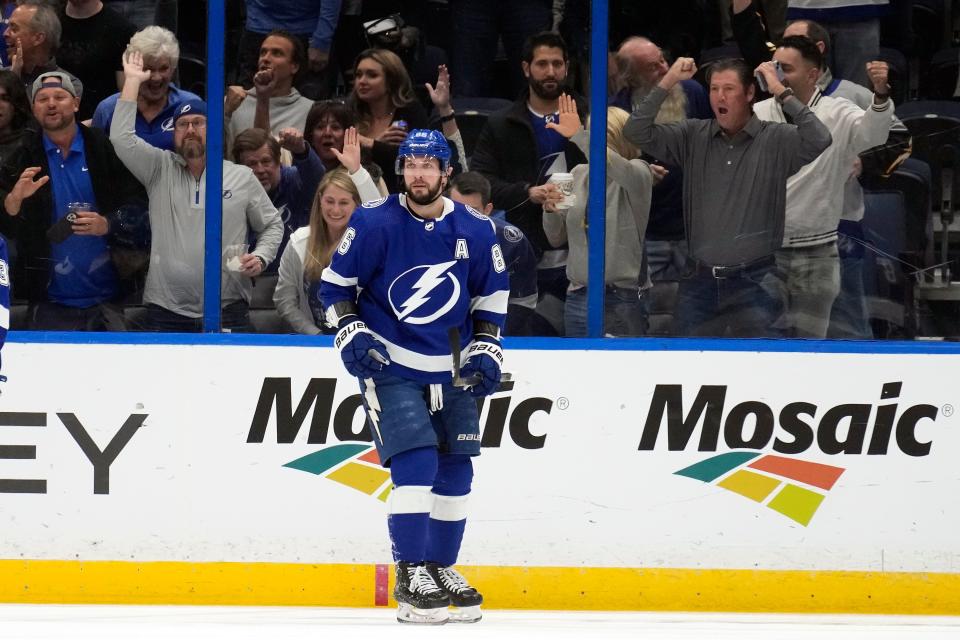 Tampa Bay Lightning right wing Nikita Kucherov (86) celebrates after his goal against the Columbus Blue Jackets during the first period of an NHL hockey game Tuesday, Jan. 10, 2023, in Tampa, Fla. (AP Photo/Chris O'Meara)