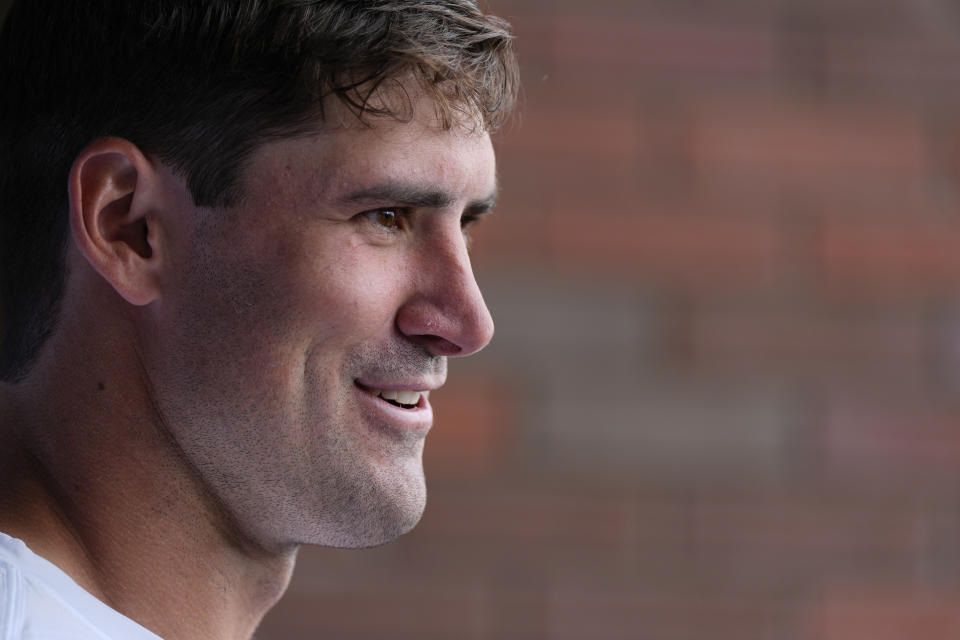 New York Giants quarterback Daniel Jones speaks during a press conference following NFL football practice, Tuesday, June 11, 2024, in East Rutherford, N.J. (AP Photo/Julia Nikhinson)