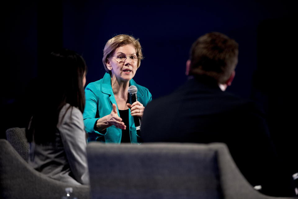 Democratic presidential candidate Sen. Elizabeth Warren, D-Mass., speaks at We The People 2020: Protecting Our Democracy After Citizens United at Curate, Sunday, Jan. 19, 2020, in Des Moines, Iowa. (AP Photo/Andrew Harnik)