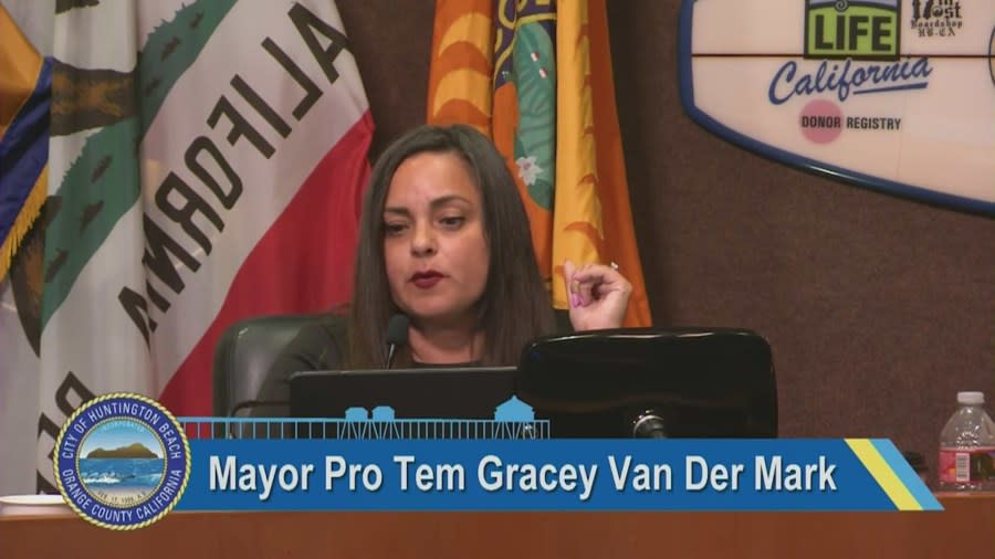 Huntington Beach Mayor Pro Tem Gracey Van Der Mark during a city council hearing on a no-mask, no-vaccine mandate on Sept. 5, 2023. (KTLA)