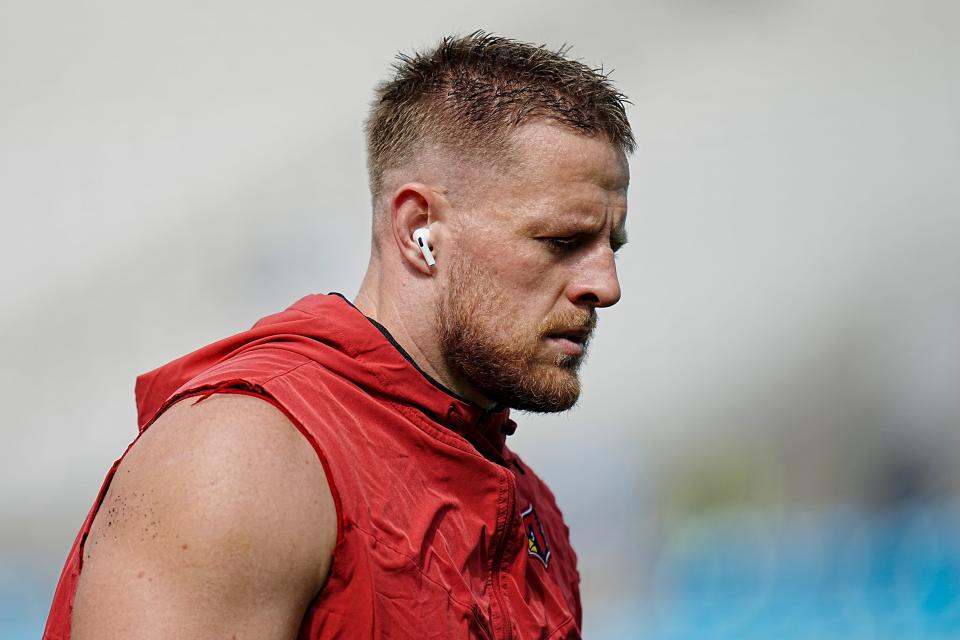 Arizona Cardinals defensive end J.J. Watt warms up before an NFL football game against the Carolina Panthers on Sunday, Oct. 2, 2022, in Charlotte, N.C. (AP Photo/Rusty Jones)