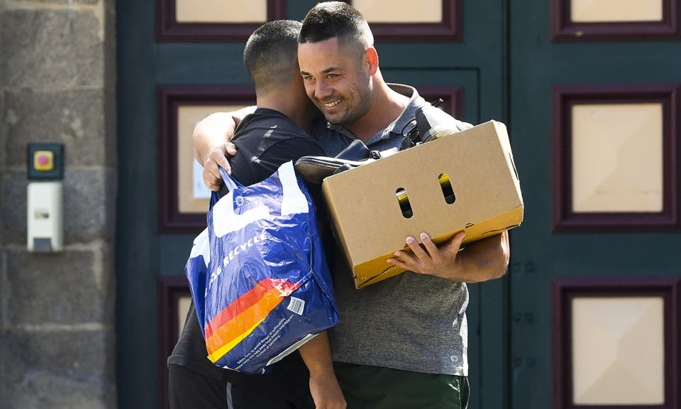 Jarryd Hayne, pictured here hugging a friend after being released from Cooma Correctional Centre.