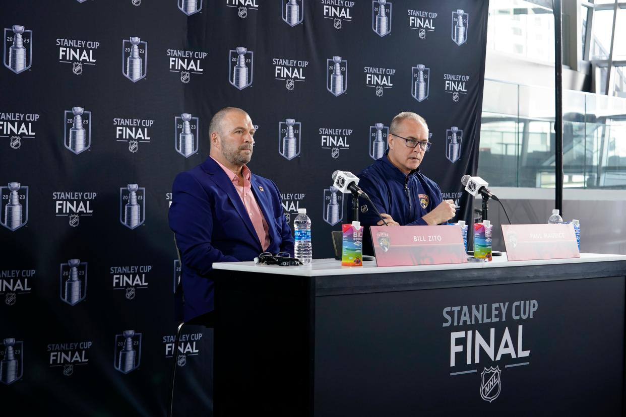 Florida Panthers general manager Bill Zito (left) and head coach Paul Maurice answer questions to the press during media day in advance of the 2023 Stanley Cup Final on June 2.