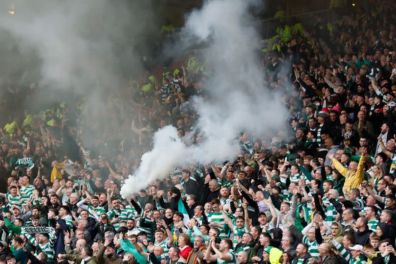 Celtic Fans celebrate with flares after the Scottish Cup Semi Final match between Rangers and Celtic at Hampden Park on April 30, 2023 in Glasgow, Scotland