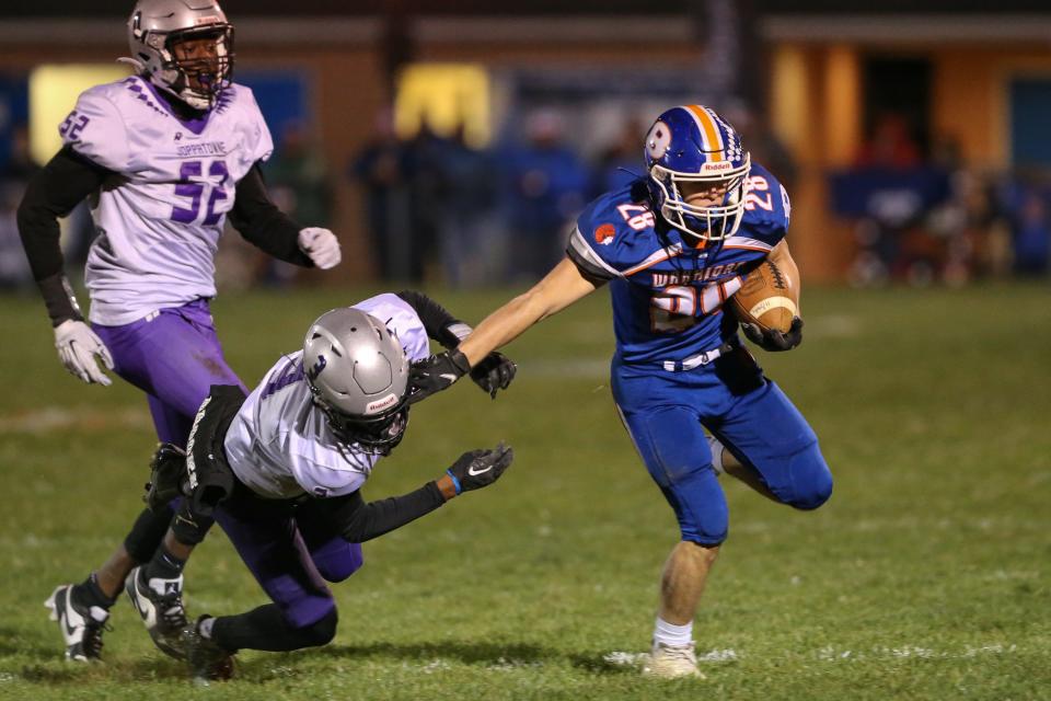 Boonsboro's Chad Wyand breaks loose from Joppatowne's Damien Brooks.