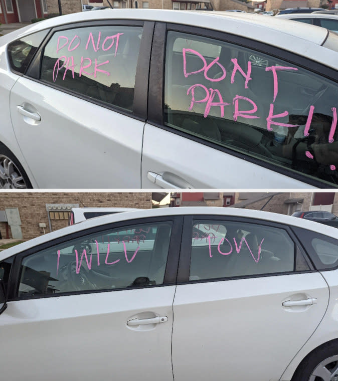 A car with "Don't park" writing all over it