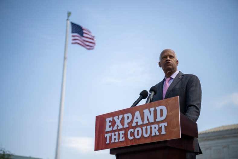 UNITED STATES – April 15: Rep. Hank Johnson, D-Ga., speaks during a news conference outside the Supreme Court with other Democratic members to announce legislation to expand the number of seats of Supreme Court judges in Washington on Thursday, April 15, 2021. (Photo by Caroline Brehman/CQ-Roll Call, Inc via Getty Images)