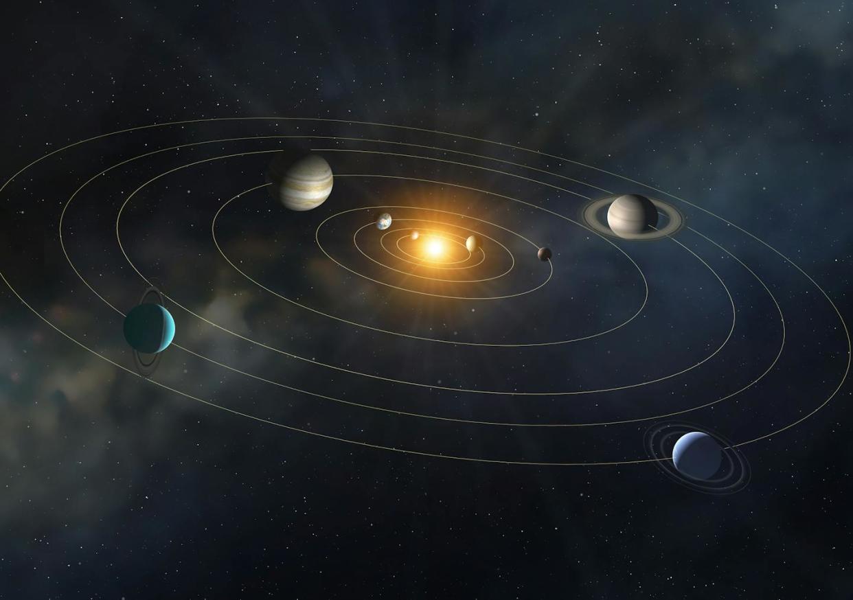 Nearby planets can affect how one planet 'wobbles' on its spin axis, which contributes to seasons. <a href="https://www.gettyimages.com/detail/illustration/orbits-of-planets-in-the-solar-system-royalty-free-illustration/1148112202?phrase=planets+orbit&adppopup=true" rel="nofollow noopener" target="_blank" data-ylk="slk:Mark Garlick/Science Photo Library via Getty Images;elm:context_link;itc:0;sec:content-canvas" class="link ">Mark Garlick/Science Photo Library via Getty Images</a>