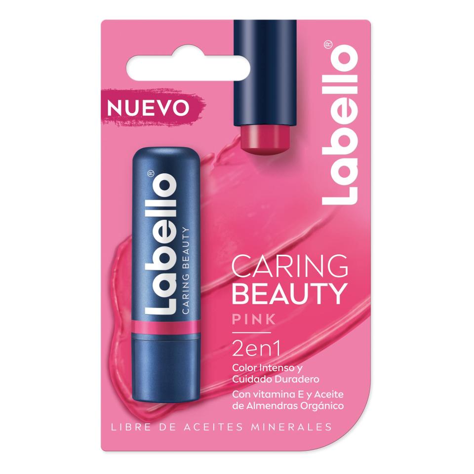 Bálsamo labial con color Labello Caring Beauty Pink. 