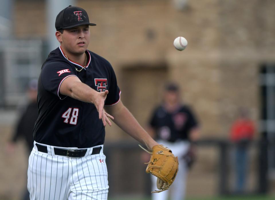 Texas Tech pitcher Mac Heuer (48), shown during a recent start at home, took the loss Sunday as TCU beat the Red Raiders 4-3. The Horned Frogs won two of three in the series at Lupton Stadium in Fort Worth.