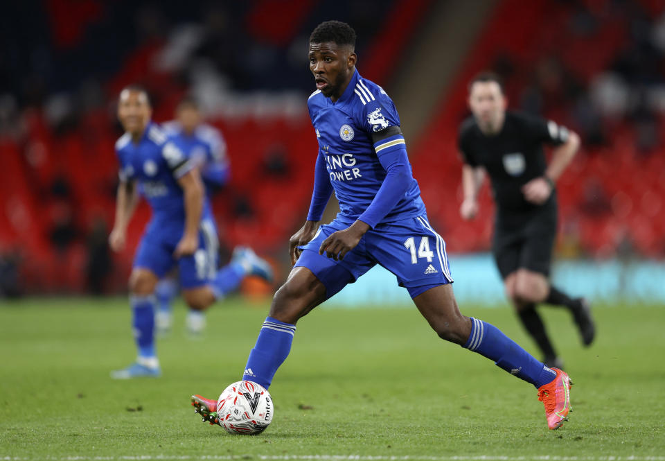 Leicester's Kelechi Iheanacho controls the ball during the English FA Cup semifinal soccer match between Leicester City and Southampton at Wembley Stadium in London, Sunday, April 18, 2021. (Richard Heathcote/Pool via AP)