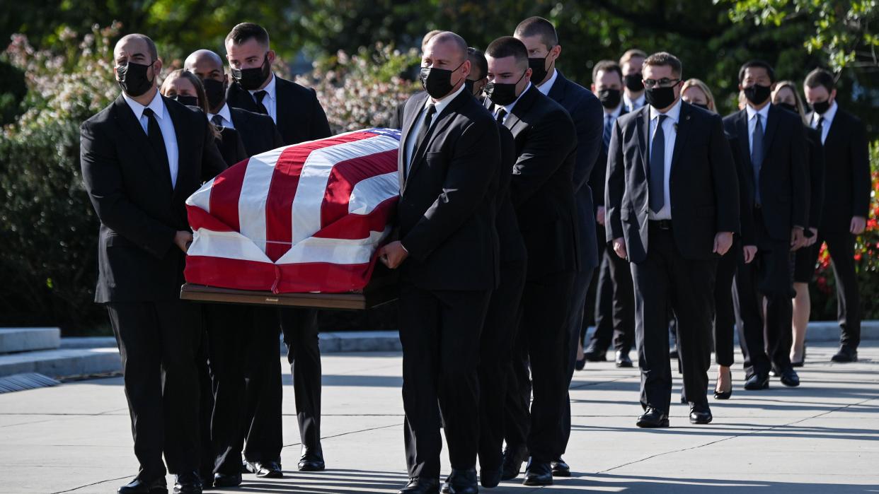 The casket of late Supreme Court Associate Justice Ruth Bader Ginsburg is carried at the U.S. Supreme Court, where it will lie in repose, on Sept. 23.  (Photo: Erin Scott / Reuters)