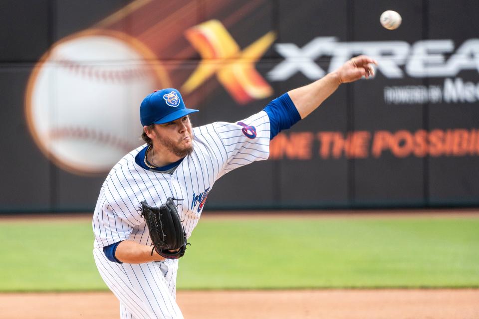 Justin Steele pitches during a game against the Omaha Storm Chasers at Principal Park on Wednesday. Steele finished fifth in Cy Young voting in 2023 and was working his way back from an injury he suffered with Chicago on Opening Day.