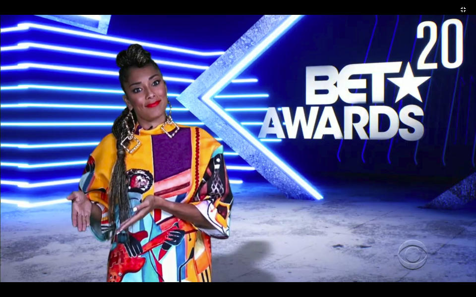 In this video grab issued Sunday, June 28, 2020, by BET, host Amanda Seales speaks during the BET Awards. (BET via AP)