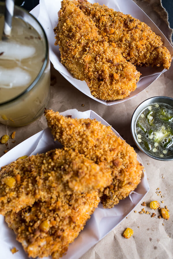 <strong>Get the <a href="http://www.halfbakedharvest.com/cheddar-cornbread-chicken-fingers-with-jalapeno-honey-butter/">Cornbread Chicken Fingers recipe</a>&nbsp;from Half Baked Harvest</strong>