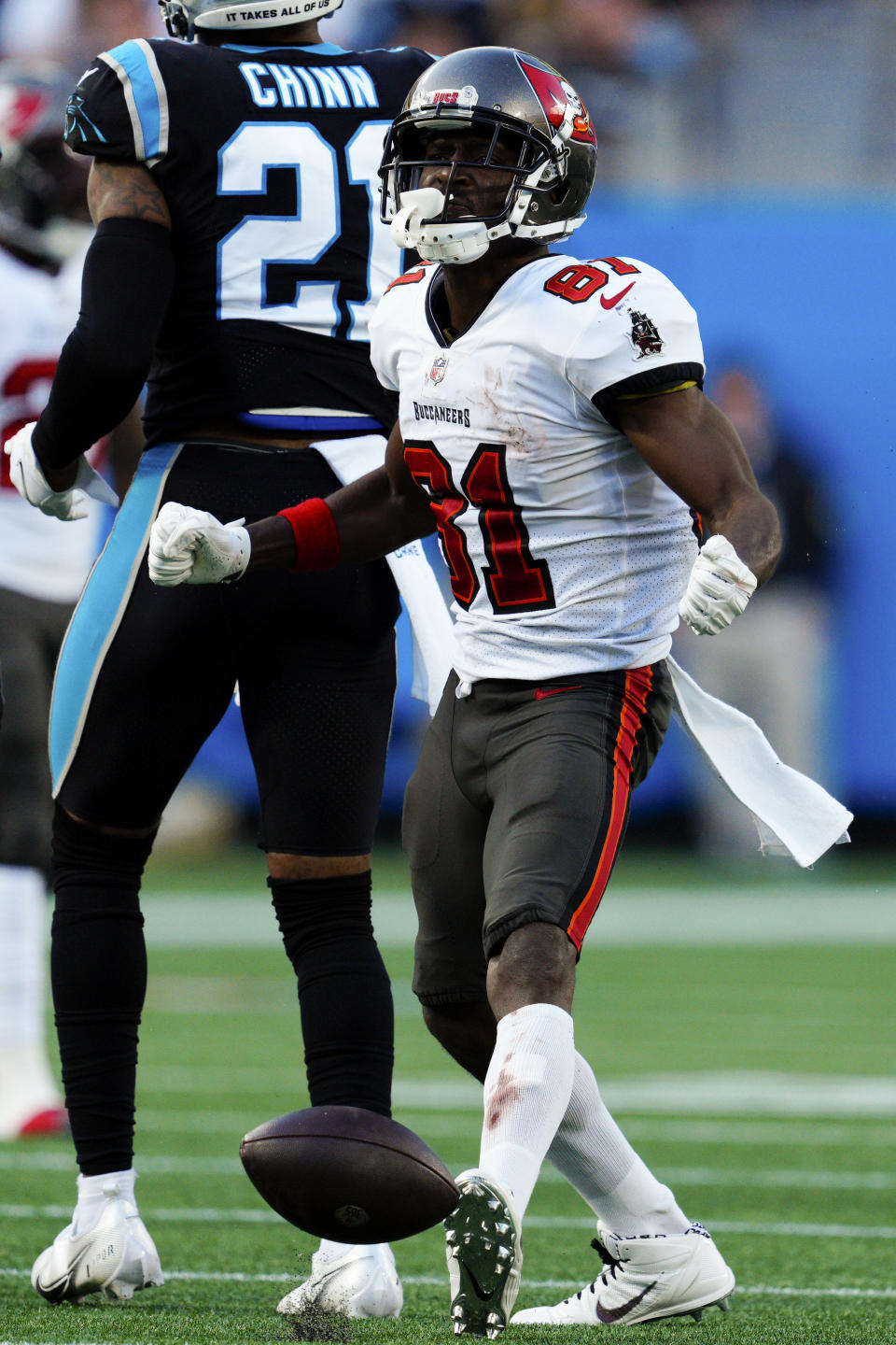 Tampa Bay Buccaneers wide receiver Antonio Brown celebrates during the second half of an NFL football game against the Carolina Panthers Sunday, Dec. 26, 2021, in Charlotte, N.C. (AP Photo/Jacob Kupferman)