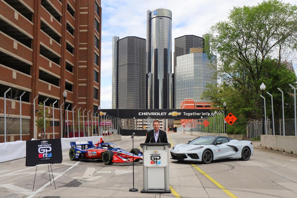 Merrill Cain, Chevrolet Detroit Grand Prix presented by Lear PR director, announces the unveiling of murals created by students from the Boys and Girls Cubs of Southeastern Michigan that will be displayed trackside and the official competition poster created College for Creative Studies Senior Alison Slackta. The media event was held near the race's finish line in downtown Detroit on Wed., May 1, 2024.
