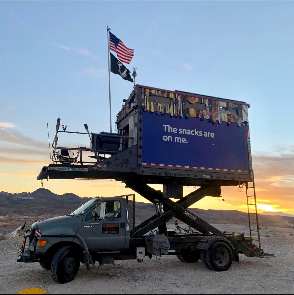 The exterior of the converted aircraft catering truck.