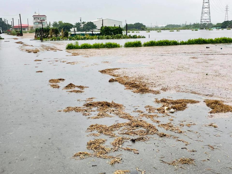 彰化縣線西、伸港、和美等較靠海鄉鎮2日雨勢很大，有農田淹水漫到路面，分不清楚界線，危害行車安全。（中央社／彰化縣議員賴清美提供）