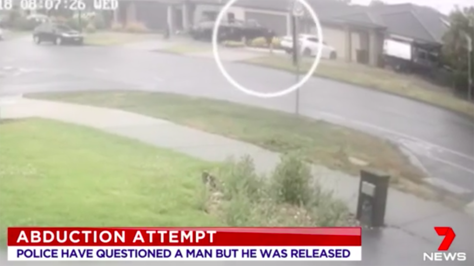 Footage shows the nine-year-old girl running away from the scene after being confronted by a man who told her he had a knife. Source: 7 News