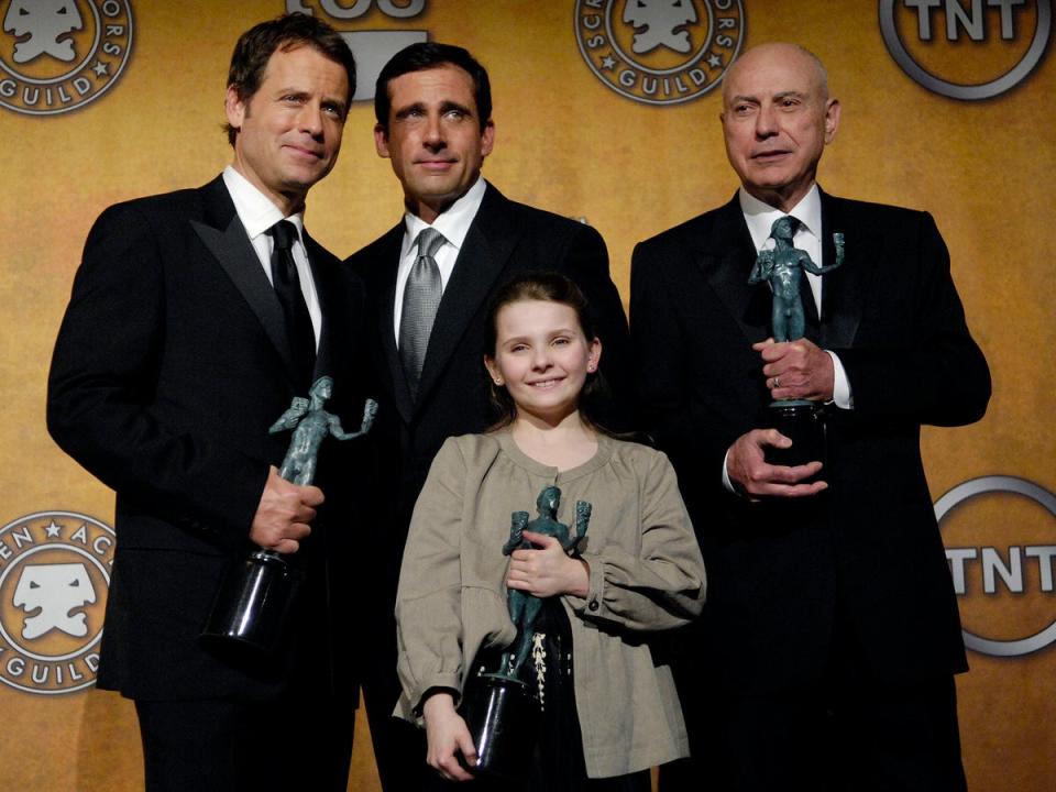 Greg Kinnear, left, Steve Carell, Abigail Breslin and Alan Arkin hold their Screen Actors Guild Awards for their work in ‘Little Miss Sunshine’ in 2007 (AP)