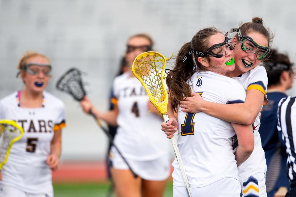 PSD girls lacrosse player Kendall VanMeveren (right) celebrates with Kate Wind (7) after Wind scored a game-winning goal to beat Palmer Ridge during a Colorado Class 5A first-round playoff match on Wednesday at PSD Stadium in Timnath.
