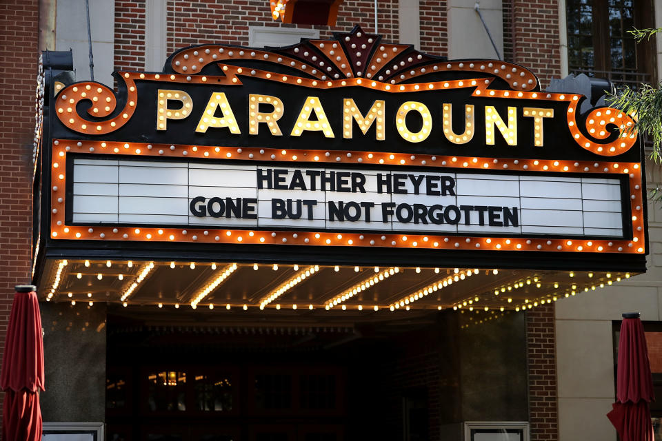 The Paramount Theater marquee bears the name of Heather Heyer.&nbsp;