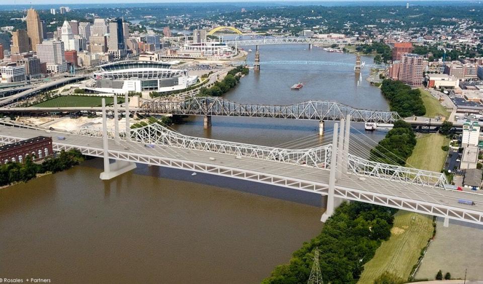 The new bridge over the Ohio River could be what is called a cable-stayed design with two towers. Ohio and Kentucky officials pictured this option – along with one called a tied-arch design – in a July 2022 presentation about the Brent Spence Bridge Corridor Project.