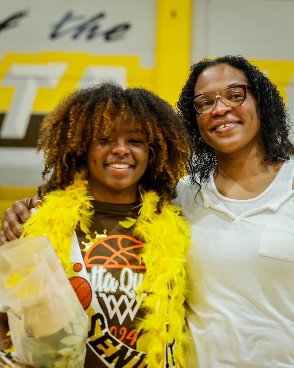 Jameelah Pharms poses proudly with her mother, Franquell Moppins during senior night festivities at Stagg High School before their game against Cesar Chavez high in Stockton,CA