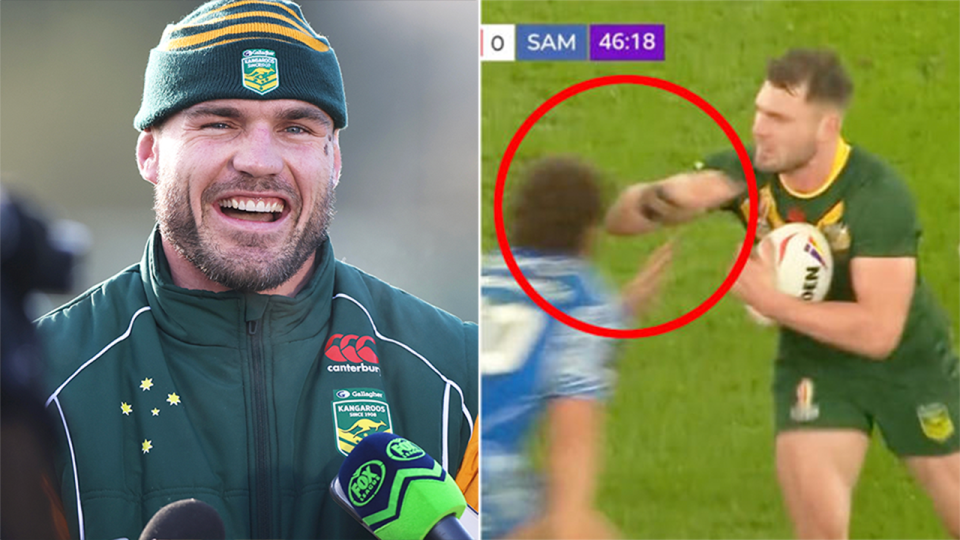 Angus Crichton (pictured left) during training and (pictured right) Crichton's forearm hitting an opponent.