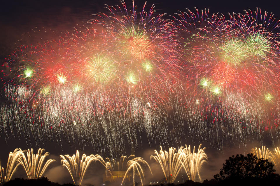 Fireworks explode over Lincoln Memorial, Washington Monument and U.S. Capitol, at the National Mall, during the Independence Day celebrations in Washington on Thursday, July 4, 2019, after President Donald Trump's 'Salute to America' remarks at Lincoln Memorial. (AP Photo/Jose Luis Magana)