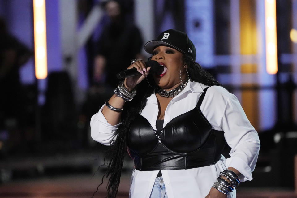 Kierra Sheard performs during "Live From Detroit: The Concert at Michigan Central" on Thursday, June 6, 2024, in Detroit. (AP Photo/Carlos Osorio)