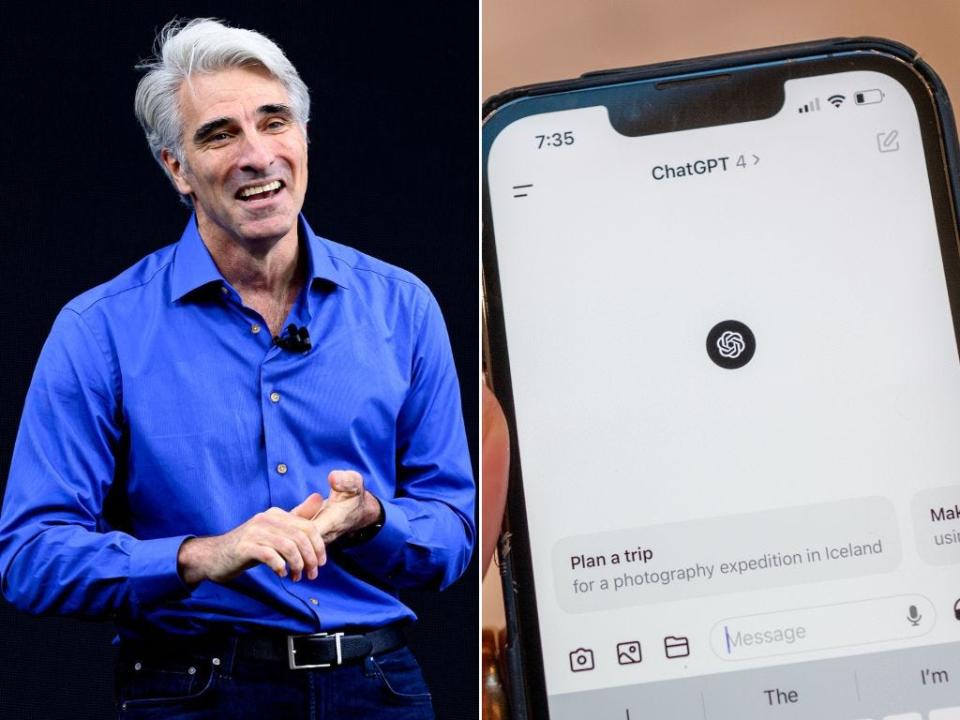 Apple Senior Vice President of Software Engineering, Craig Federighi (links), testete wochenlang den Chatbot von OpenAI, ChatGPT (rechts), wie die New York Times berichtet. - Copyright: Josh Edelson/AFP via Getty Images; Smith Collection/Gado via Getty Images