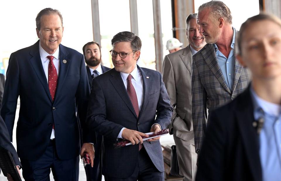 House Speaker Mike Johnson, R-La., toured the construction site with U.S. Rep. Vern Buchanan, R-Longboat Key (left) for the $70 million ground-level passenger terminal at Sarasota Bradenton International Airport.