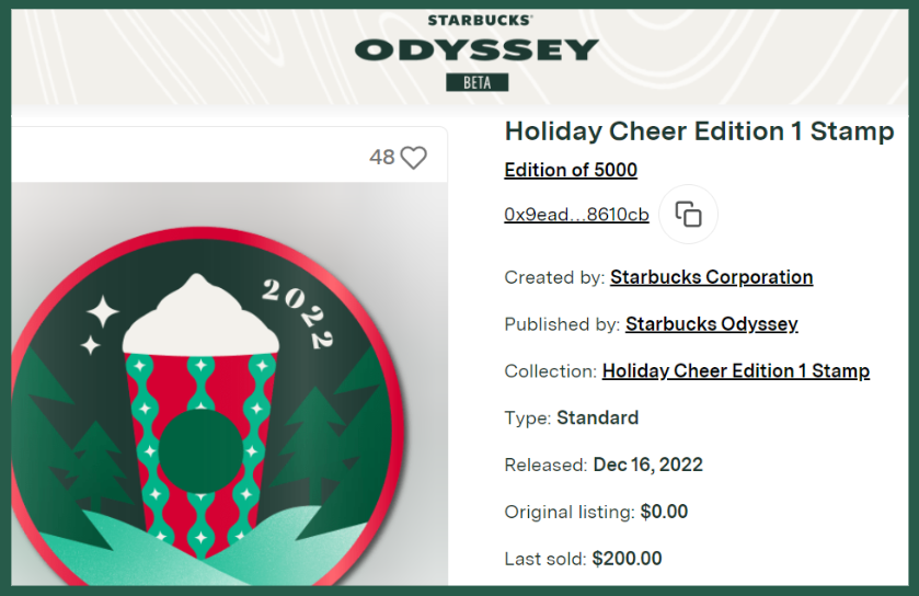 The Starbucks Holiday Cheer Edition 1 Stamp on the Nifty Gateway marketplace.