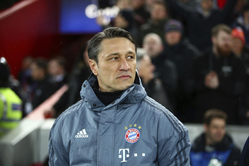 Bayern coach Niko Kovac waits for the start of the Champions League round of 16 first leg soccer match between Liverpool and Bayern Munich at Anfield stadium in Liverpool, England, Tuesday, Feb. 19, 2019. (AP Photo/Dave Thompson)