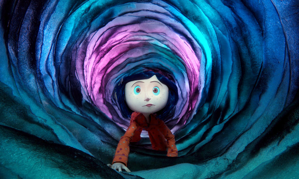 An animated young girl crawls through a creepy tunnel