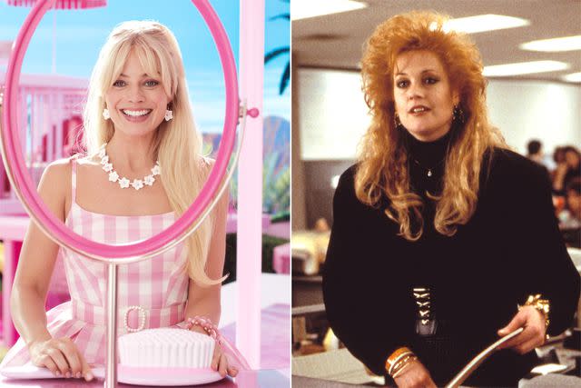 <p>Everett Collection (2)</p> Margot Robbie in 'Barbie;' Melanie Griffith in 'Working Girl'