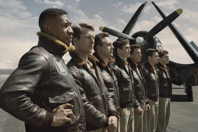 <p>Eli Ade/Sony Pictures Entertainment/Courtesy Everett</p> From left: Jonathan Majors, Glen Powell, Thomas Sadoski, Nick Hargrove, Daren Kagasoff, Joe Jonas and Spencer Neville in 'Devotion,' 2022