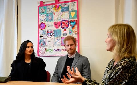 The Duke and Duchess of Sussex meet with CEO Anna Smith during their visit to One25, a charity specialising in helping women to break free from street sex work and addiction - Credit: Toby&nbsp; Melville/PA