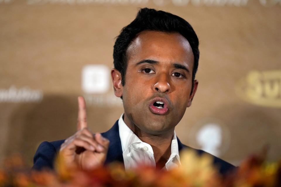 Republican presidential candidate Vivek Ramaswamy speaks during the Family Leader's Thanksgiving Family Forum, Friday, Nov. 17, 2023, in Des Moines, Iowa.