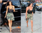 <p>Kim Kardashian may have gone shopping with her supermodel sister Kendall Jenner, but Kim made sure all eyes were on her amazingly toned physique. While Kendall opted for an open neckline ruffled mini dress by Alexandre Vauthier, Kim ditched the bra and left very little to the imagination. The reality star wore a pair of high-rise camouflage cargo shorts cut off just above her knee and paired it with a form-fitting see-through black bodysuit that profiled her tiny waist. (Photos: Getty/Aug. 1, 2017) </p>