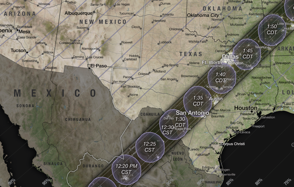 This map from NASA's Scientific Visualization Studio (Michala Garrison, Ernie Wright, Laurence Schuler and Ian Jones) shows the path of totality for the April 8, 2024, Total Solar Eclipse. The map includes states that are not in the path, however, it does note the percentage of visibility by state and city. The shadow of the moon will cross Mexico, the United States and Canada, and this map shows where and when.