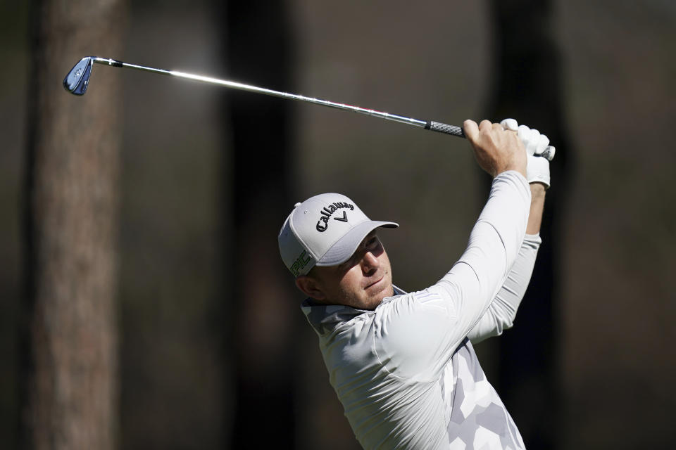 Matt Wallace of England hits his tee shot on the second hole during the third round of the Zozo Championship golf tournament at Accordia Golf Narashino Country Club on Saturday, Oct. 23, 2021 in Inzai, Chiba Prefecture, east of Tokyo, Japan. (AP Photo/Tomohiro Ohsumi)