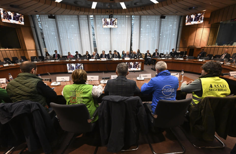 European Representatives of Young Farmers attend a meeting as part of an invitation by the Belgian Presidency and the European Commission at the EU Council building in Brussels, Monday, Feb. 26, 2024. (John Thys, Pool Photo via AP)