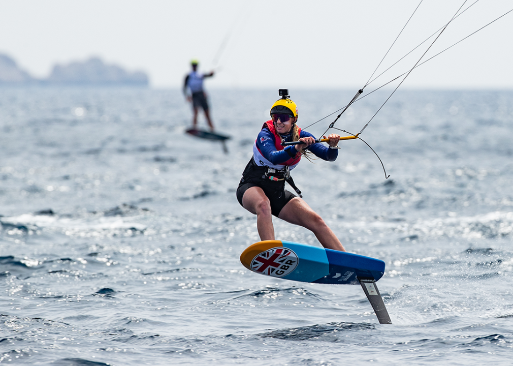 Eleanor Aldridge racing during the Paris 2024 sailing test event.