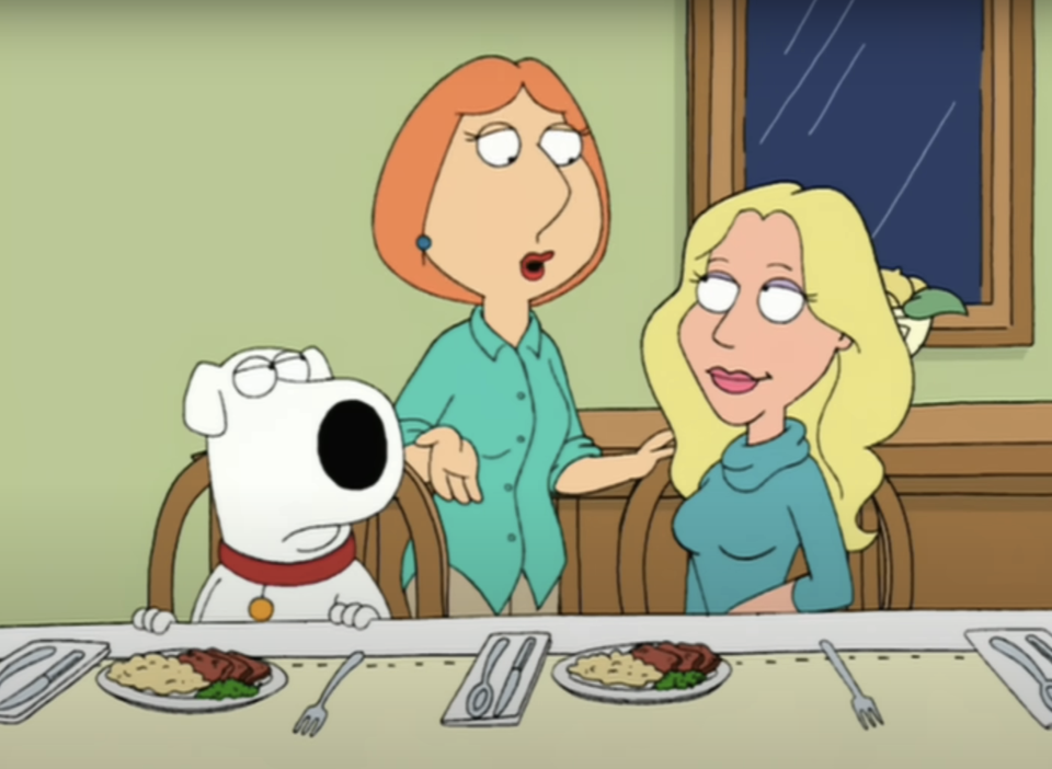 Brian, Lois, and Carol from Family Guy sit at a dining table with plates of food in front of them, having a conversation