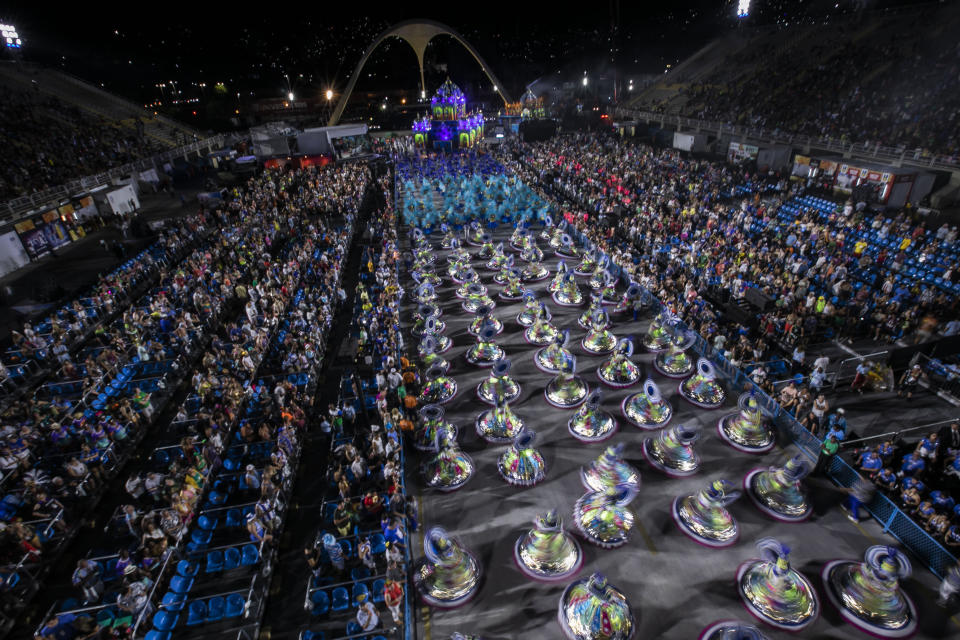 Performers from the Paraiso de Tuiuti samba school parade during Carnival celebrations at the Sambadrome in Rio de Janeiro, Brazil, Monday, Feb. 20, 2023. (AP Photo/Bruna Prado)